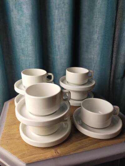 7 sarreguemines bistro cups and saucers - cnp - white porcelain