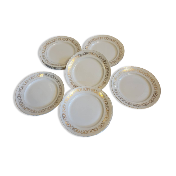16 assiettes plates en porcelaine blanche et dorée d'Orchies