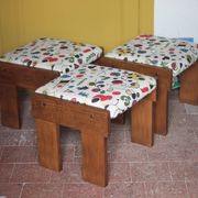 Set of 3 beech wood stools with fabric upholstery in the style of Miro.