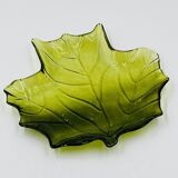 Vintage green glass leaf catchall from the 1970s.