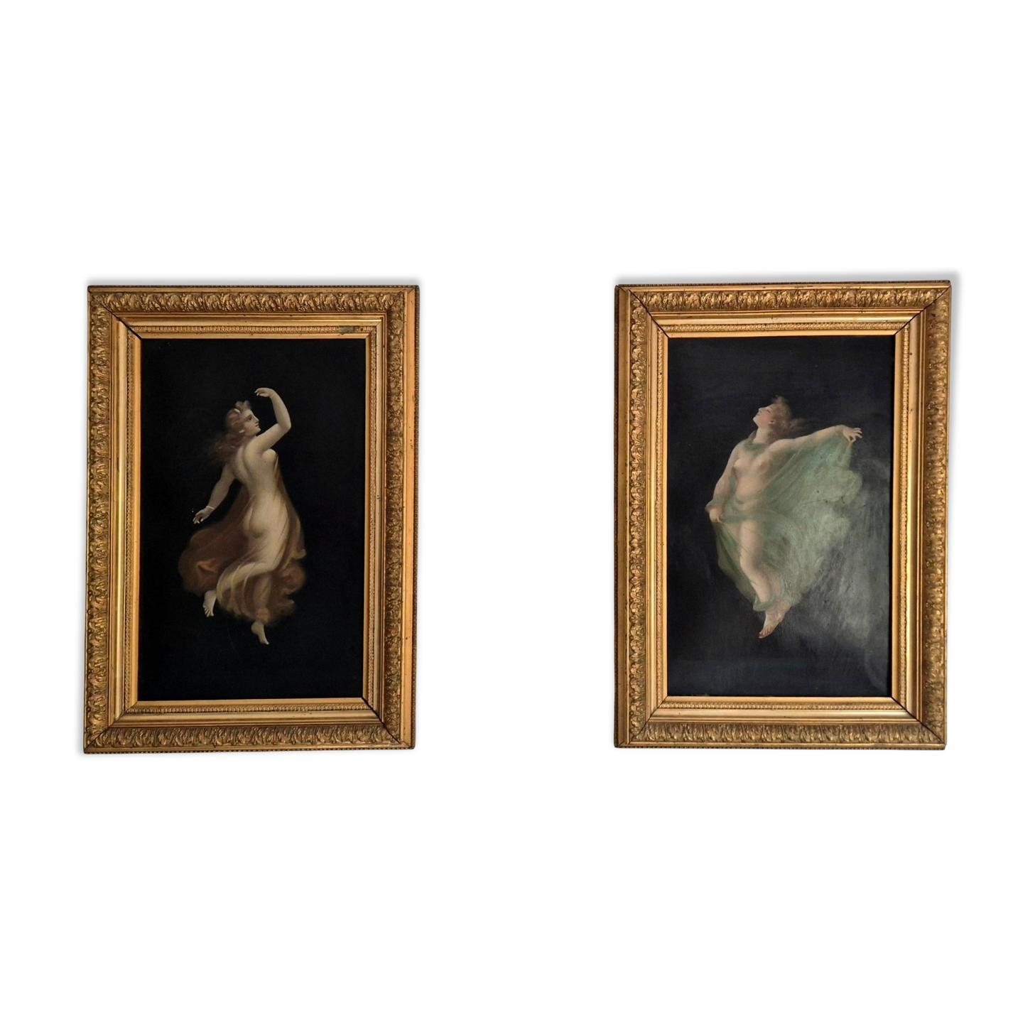 Pair of oil paintings in the neoclassical style depicting dancing nymphs dressed in transparent gowns, dating from the mid-19th century.