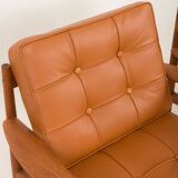 Rare Grete Jalk teak lounge chairs in aniline cognac leather for Cado