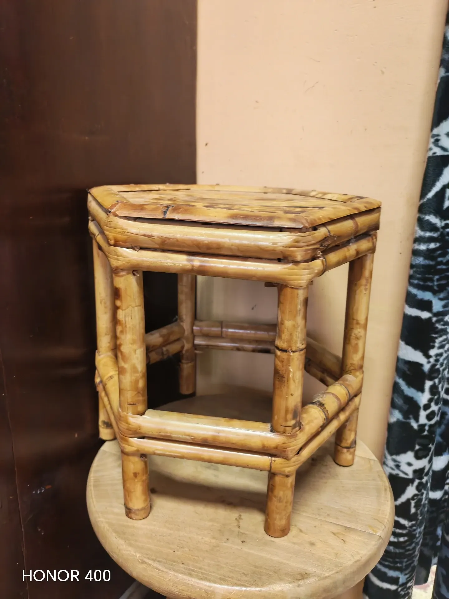 Vintage burnt bamboo side table