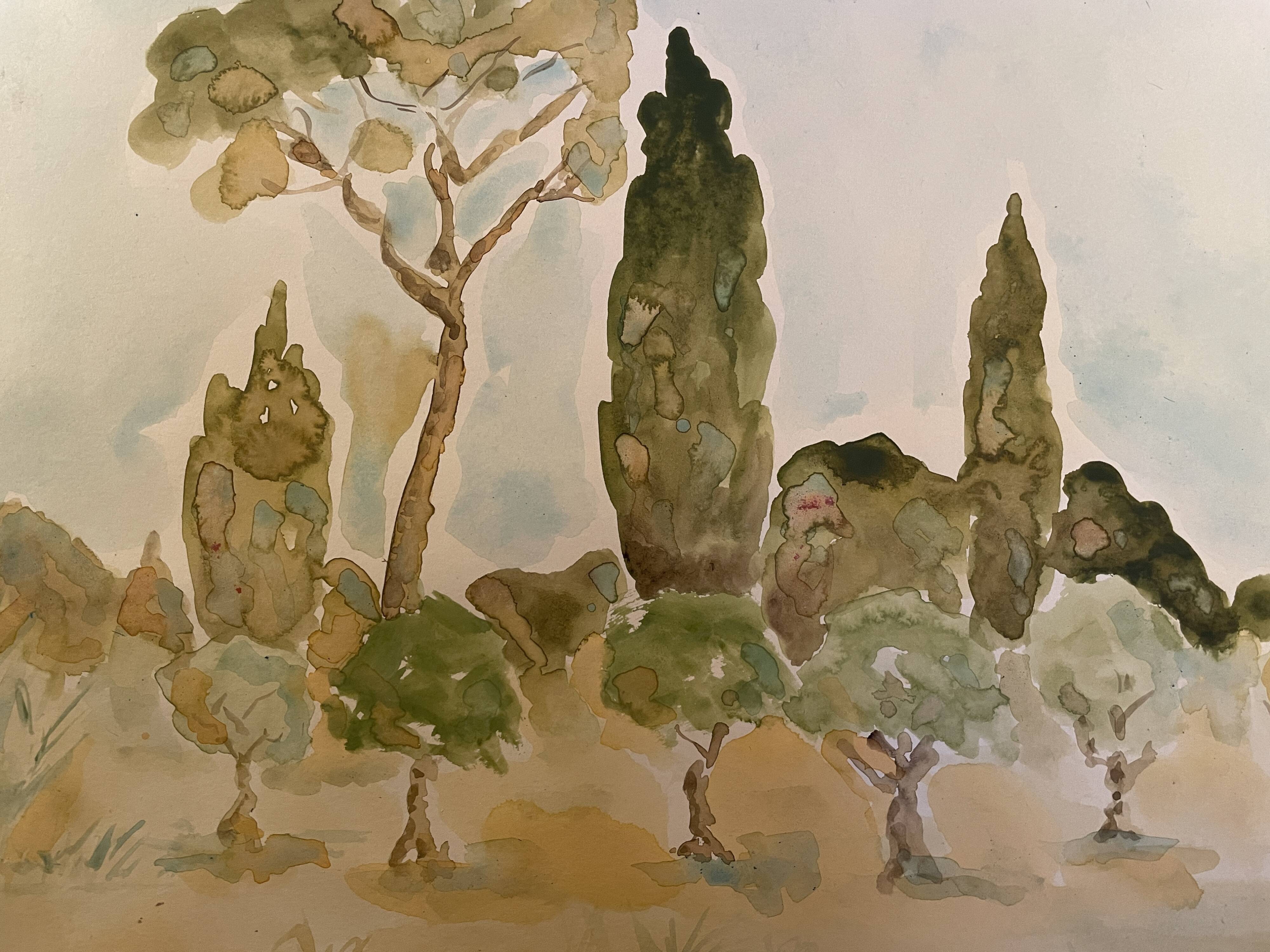Signed watercolor painting “olive tree field in Provence”