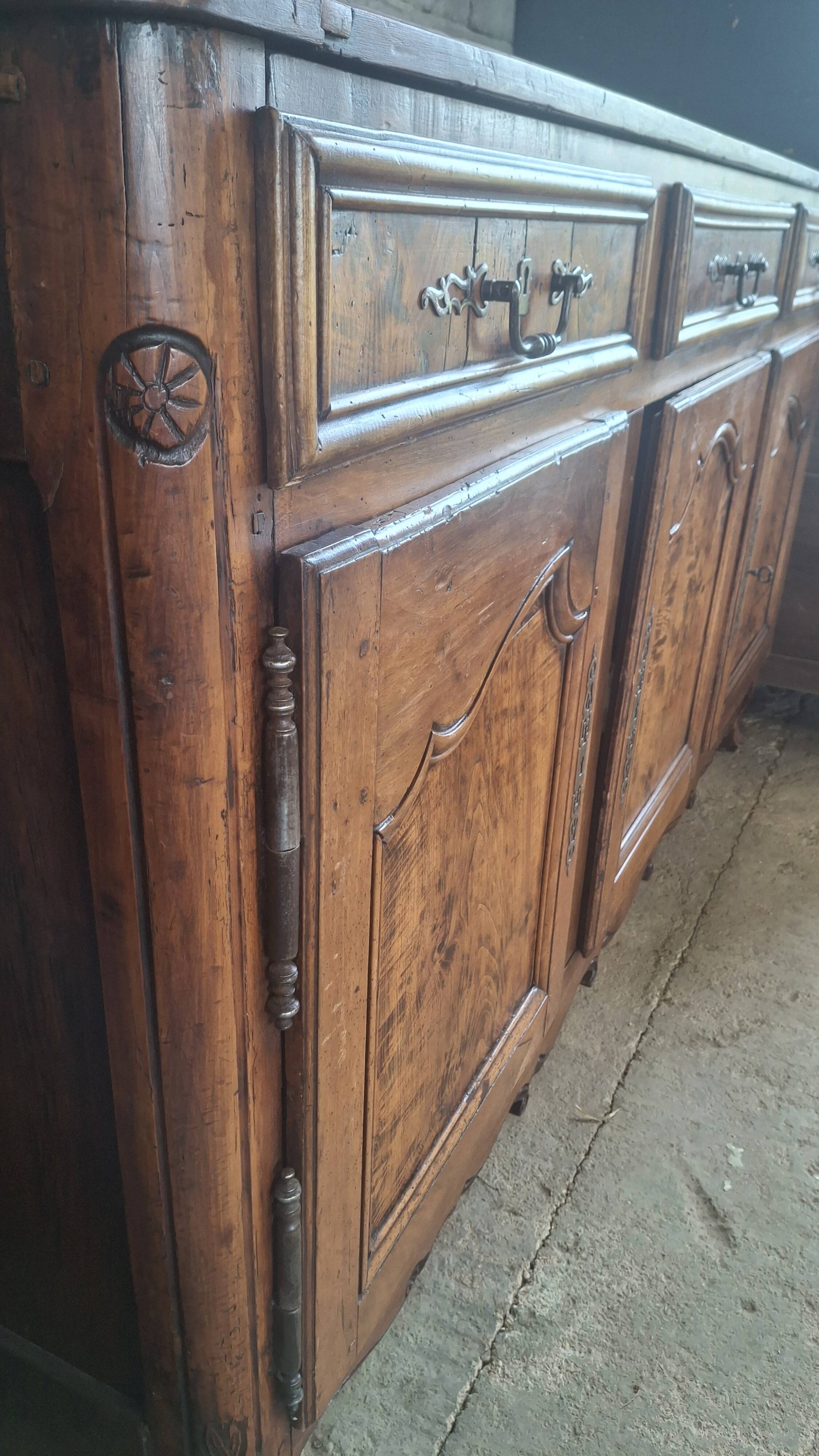 Large buffet in Louis XV style, solid oak & burl, with wrought iron hardware from the 16th century.