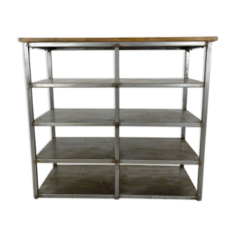 Vintage Industrial Brushed Steel Shelves with Wooden Top