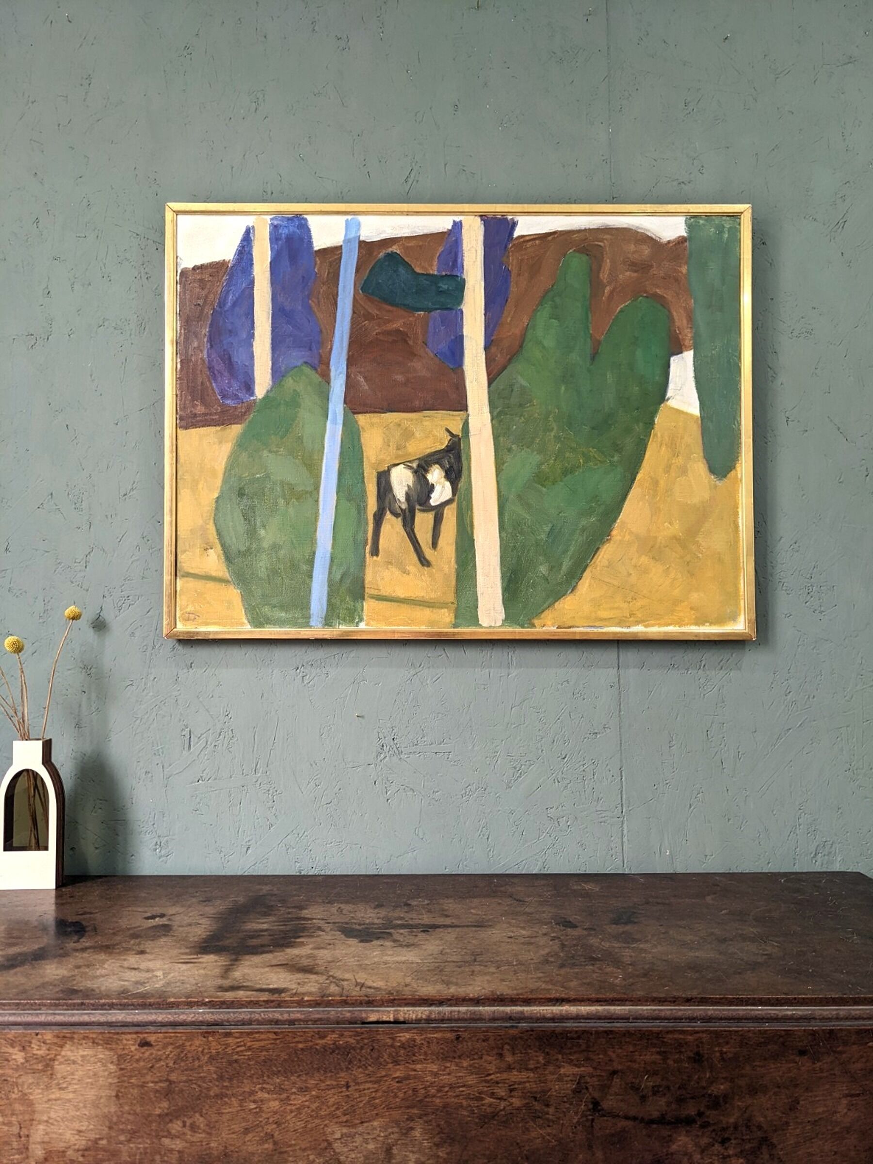 Mid-Century Modern "Modernist Cow" Swedish Vintage Landscape Oil Painting by Ture Fabianssonb