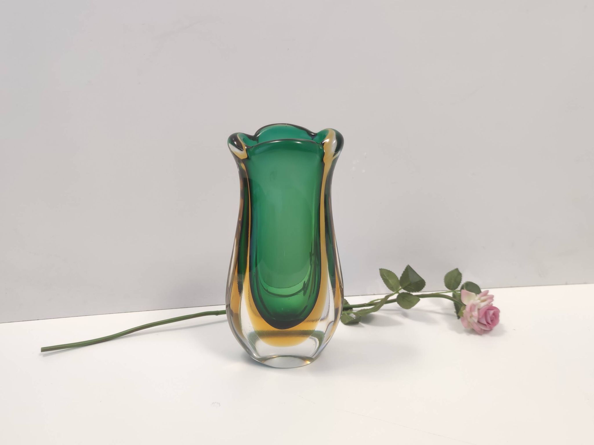 Green and Yellow Sommerso Murano Glass Vase attr. to Flavio Poli, Italy