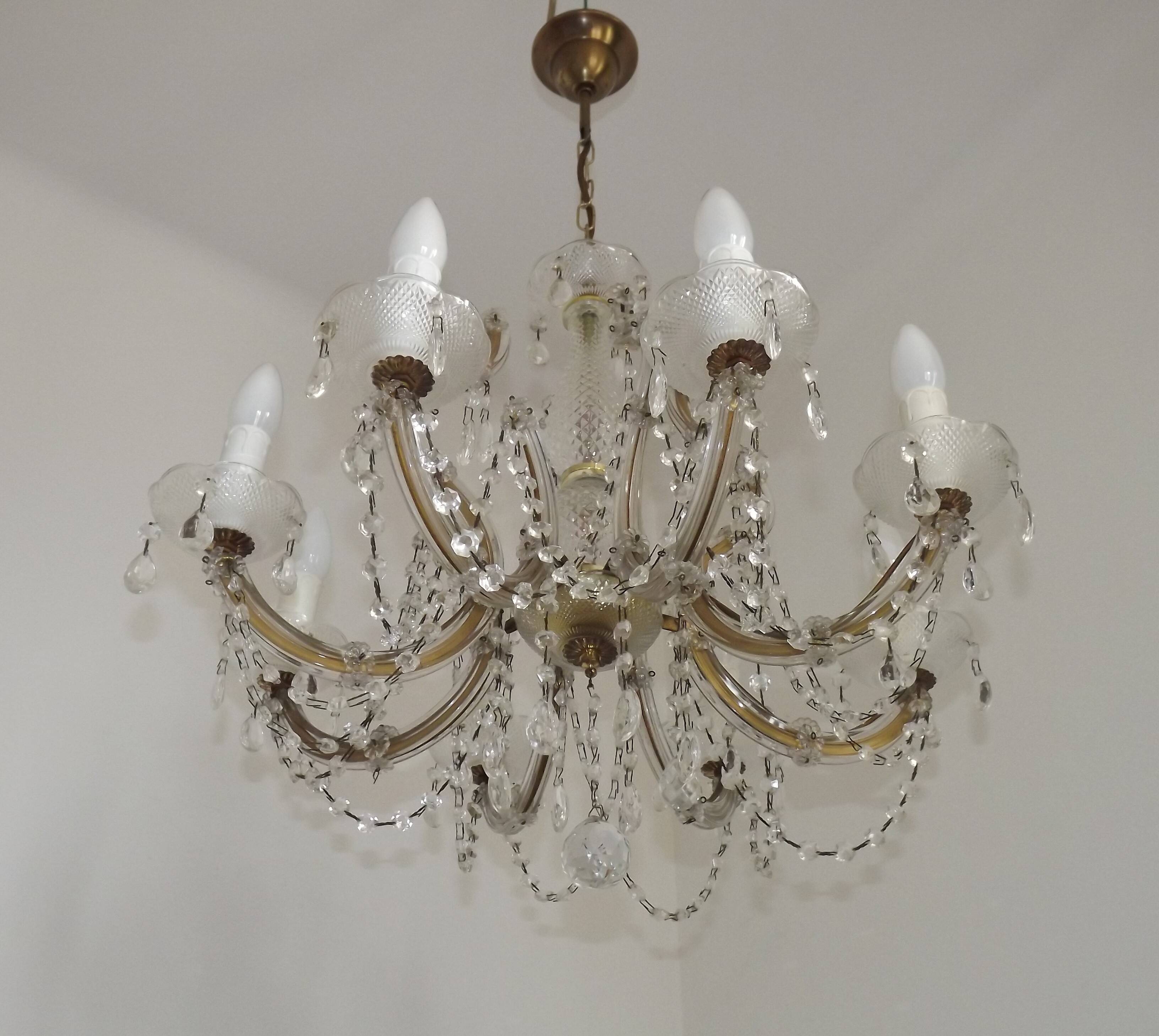 Mid-Century Brass Glass & Crystal Maria Theresa Style 8 Arm Chandelier 5446