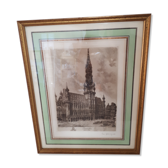 Painting lithograph engraving etching Brussels Town Hall