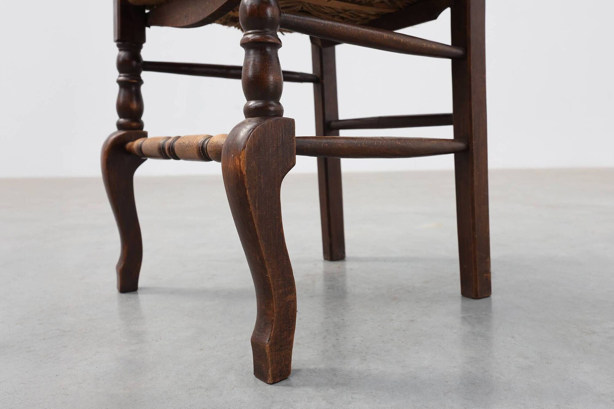 Rustic Oak Ladder-Back Chair with Rush Seat and Cabriole Front Legs, France