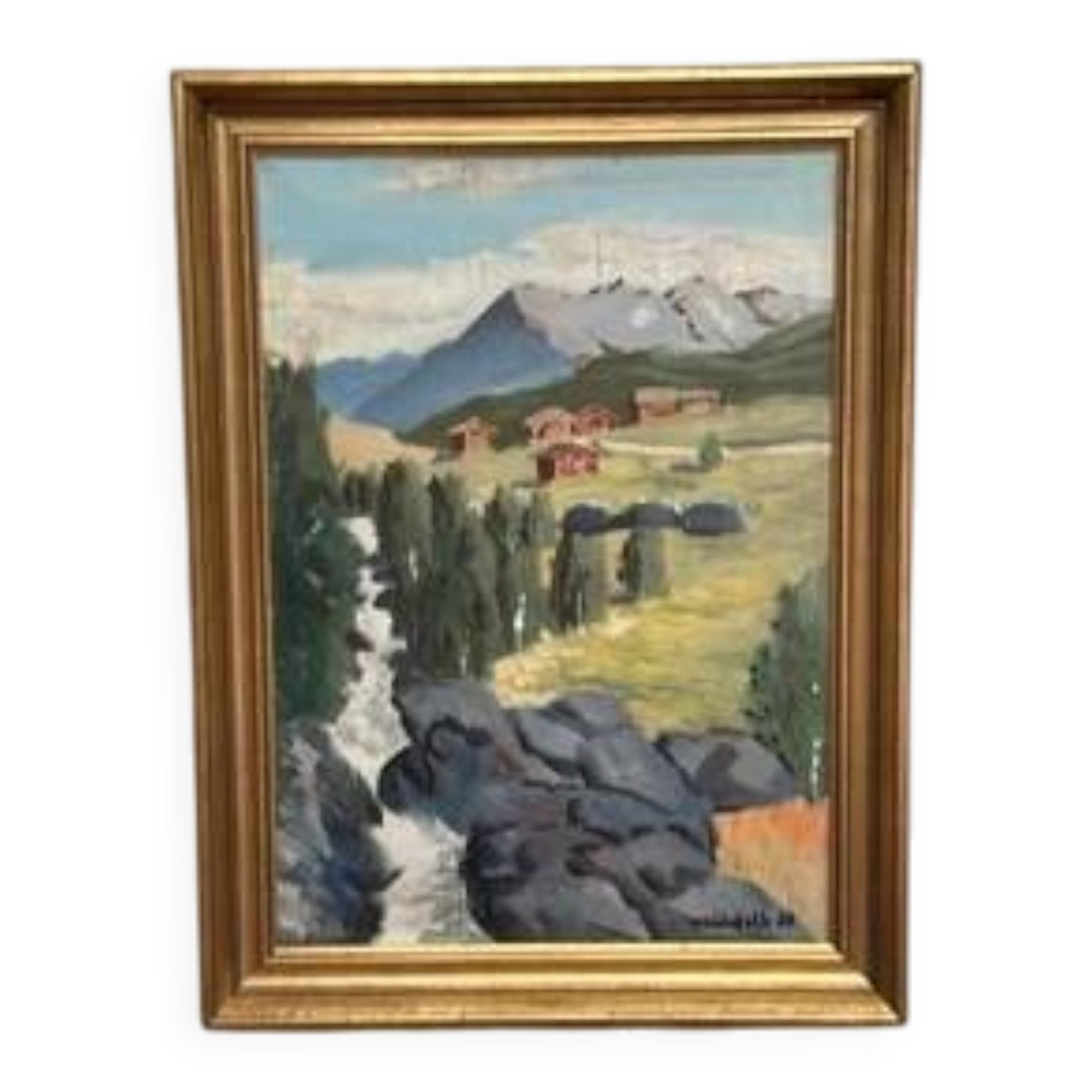 Huile sur toile "Cabanes dans les montagnes" par Weidofolk, vintage et encadrée