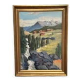 Huile sur toile "Cabanes dans les montagnes" par Weidofolk, vintage et encadrée