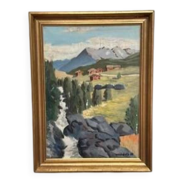 Oil on Canvas “Huts in the Mountains” by Weidofolk, Vintage & Framed