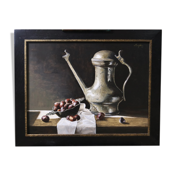 Still life with Jan Steen jug and chestnuts – Marjolein van den Berg