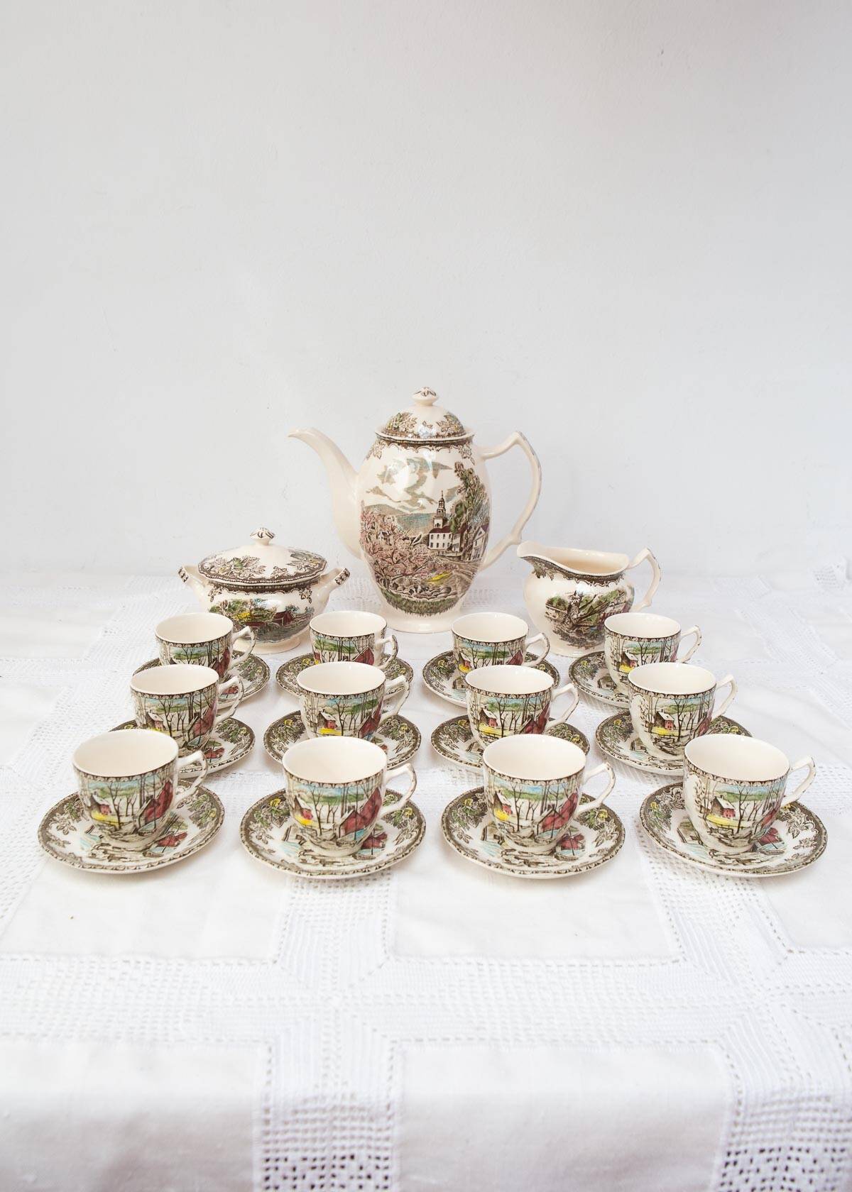 English coffee service for 12 people, “The Friendly Village” Johnson Bros 1960