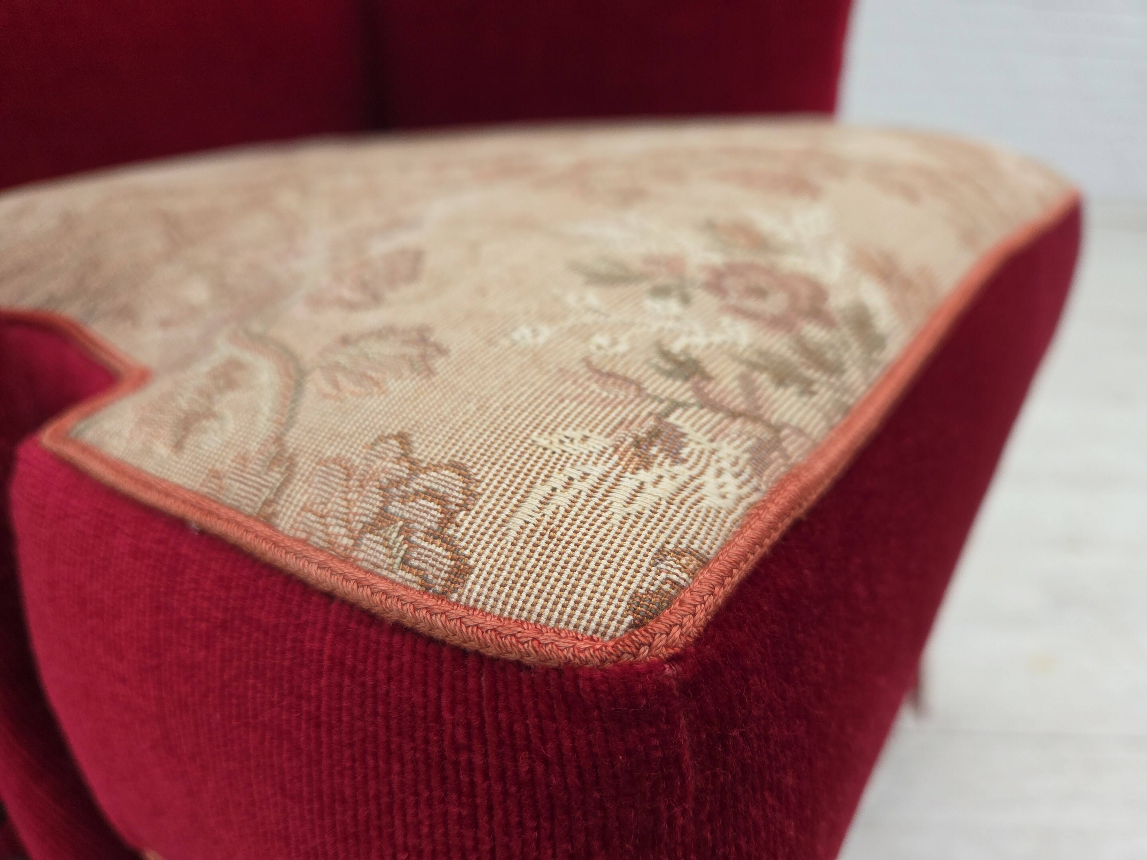 1970s, Danish armchair, red furniture velour, ash wood.