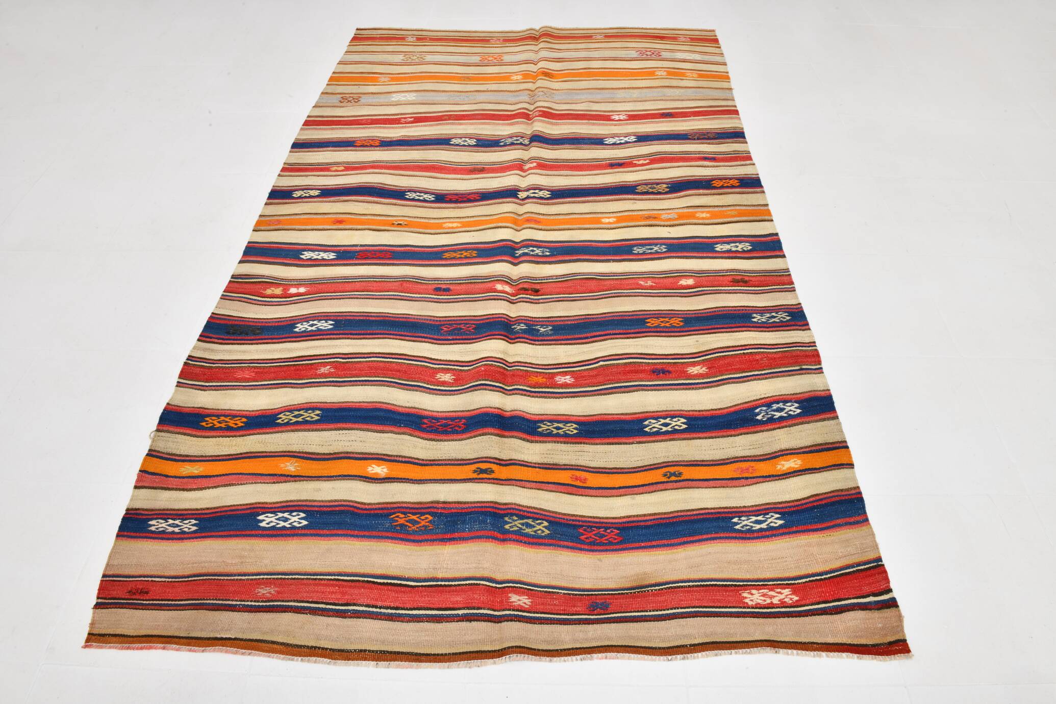 Cream Blue Striped Pattern Vintage Kilim Rug, 162x267Cm