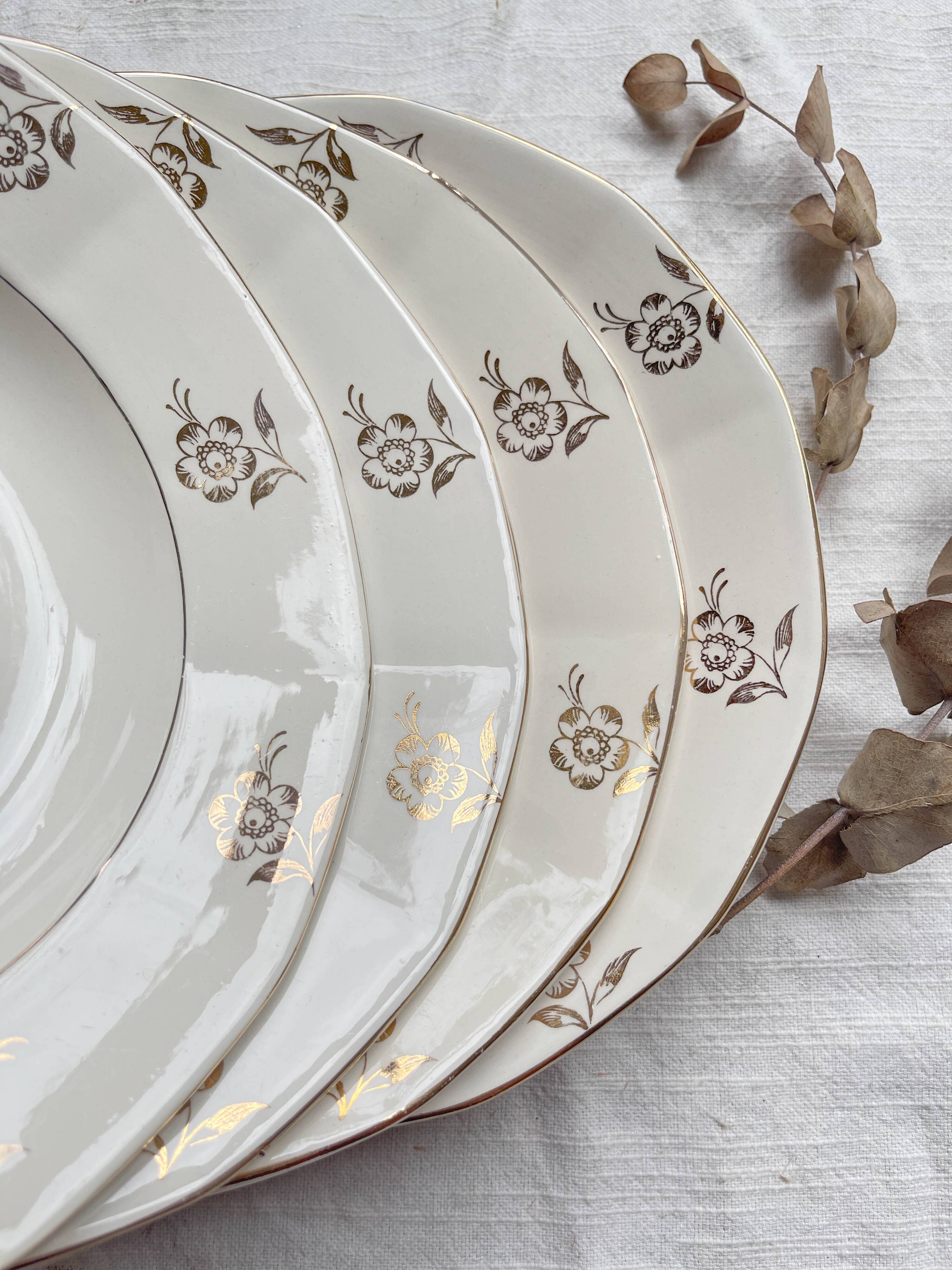 7 vintage porcelain soup plates Digoin Sarreguemines model Raphael with golden flower motif