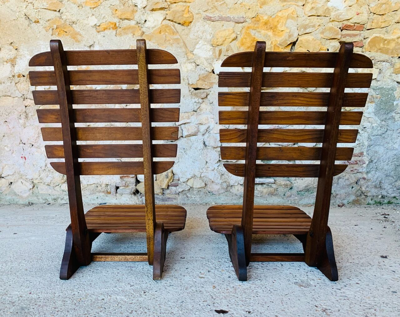 Pair of vintage folding chairs with slats, 1950-1960