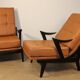 Paire de fauteuils vintage années 50 en bois noir et cuir caramel