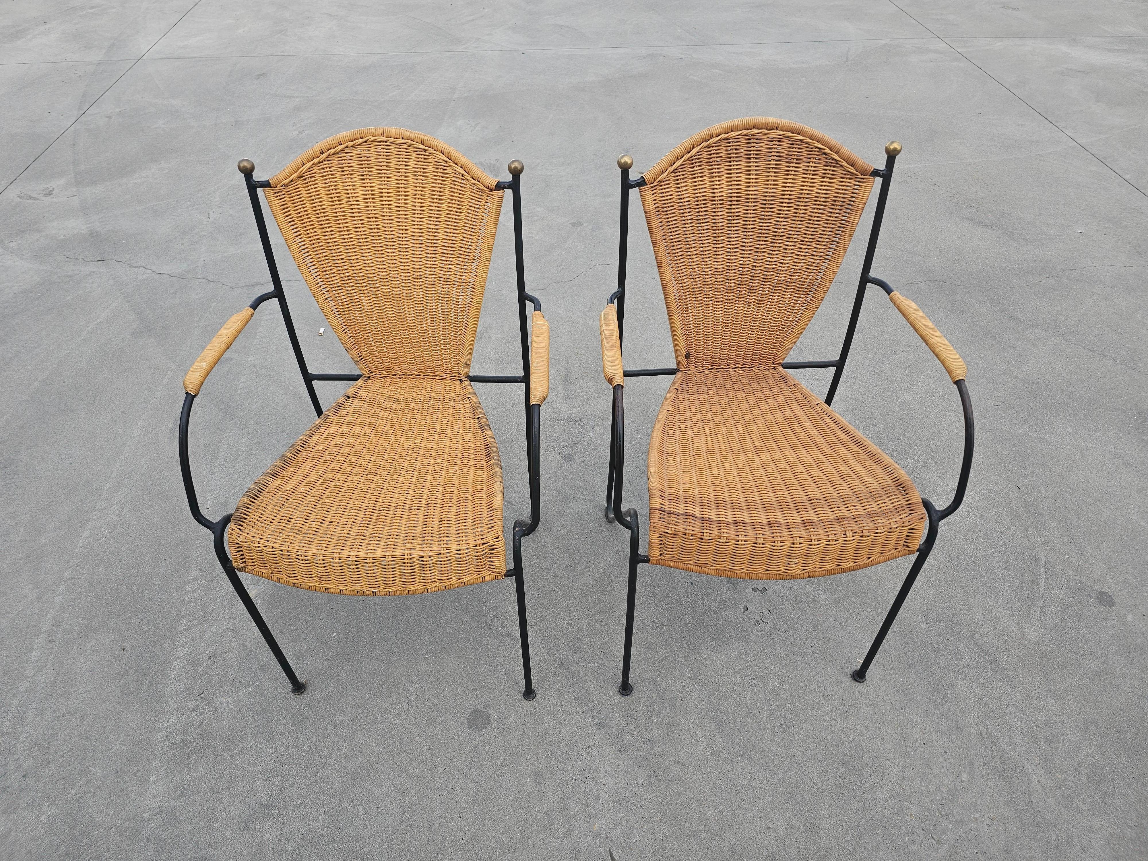 Mid-Century Chair by Frederic Weinberg in Rattan, Iron and Brass