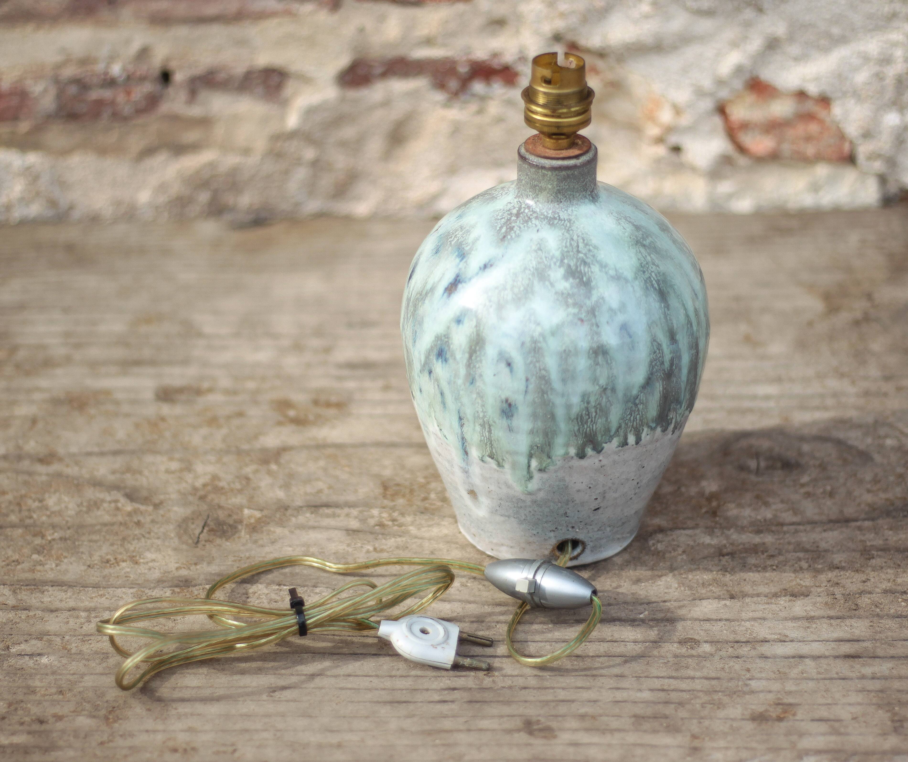 Vintage blue/grey glazed stoneware lamp, round lamp base, lamp stand.