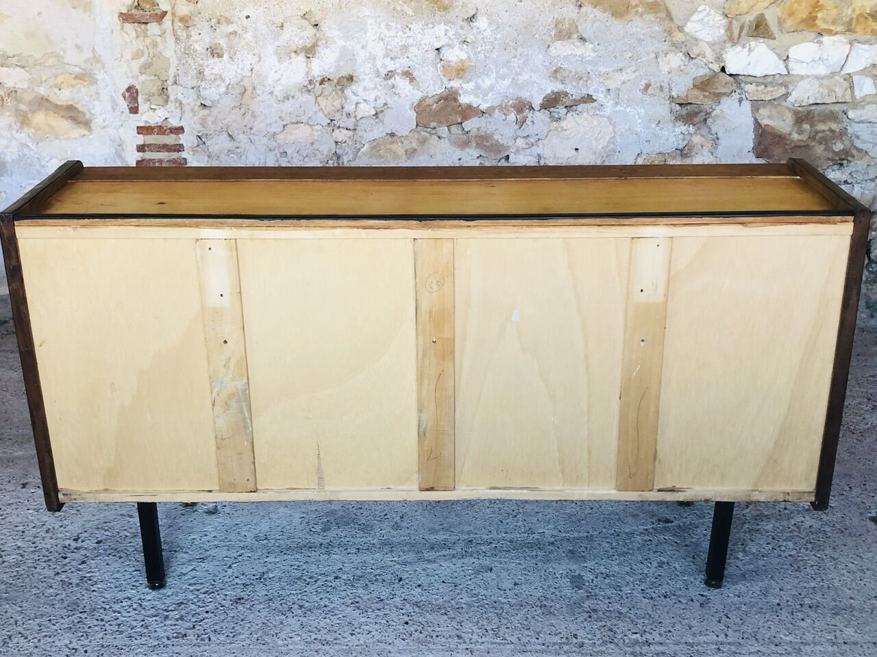 Small vintage row with sliding doors, metal legs Circa 50's