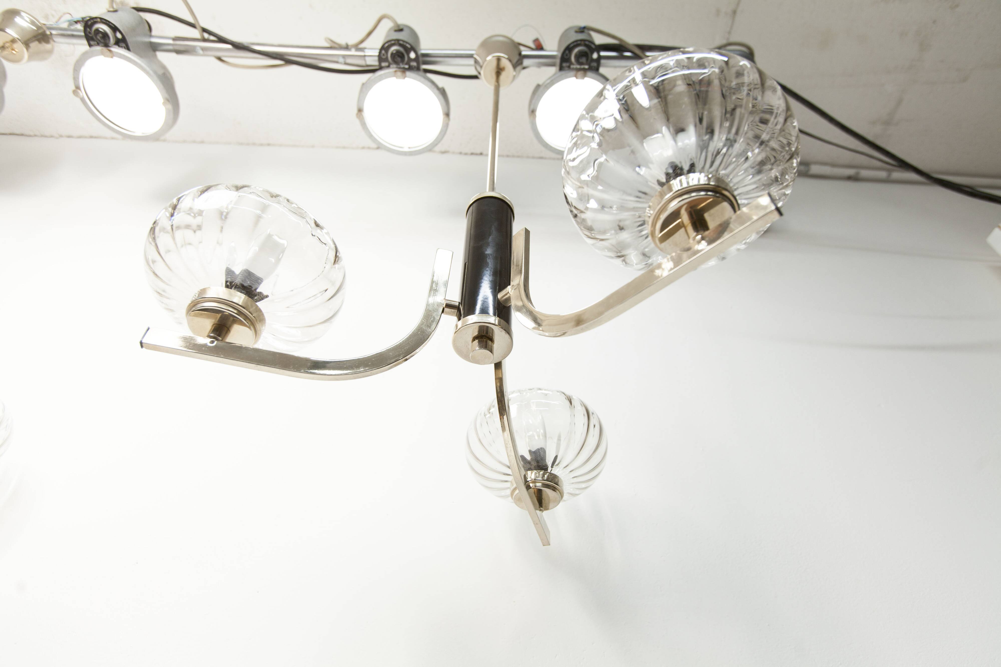See Delmas chandelier, 3 arms, black and gold, clear glass, 1960