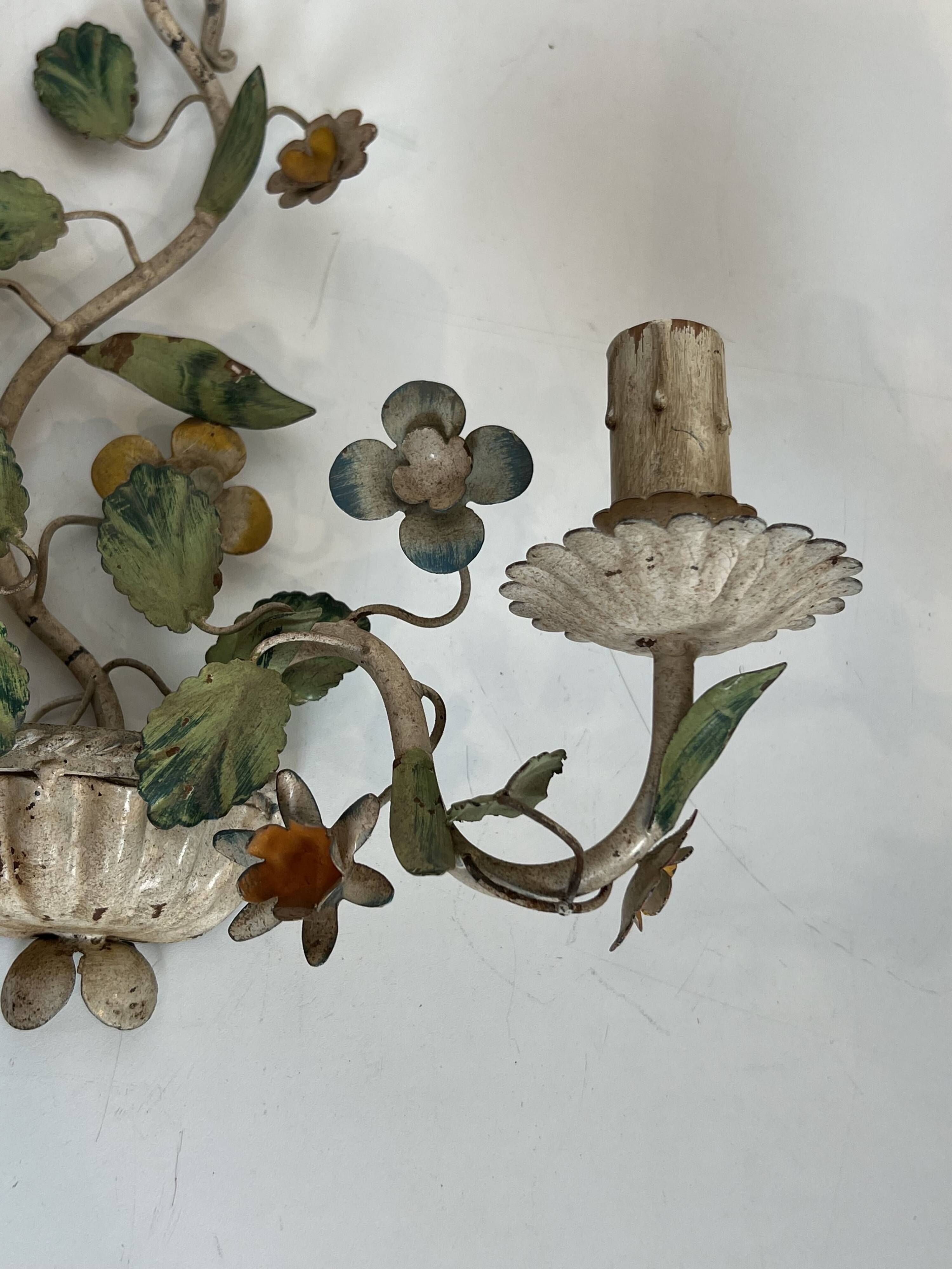Pair of Wall Lights with Floral Basket in Painted Sheet Metal. Italian Work. Circa 19.