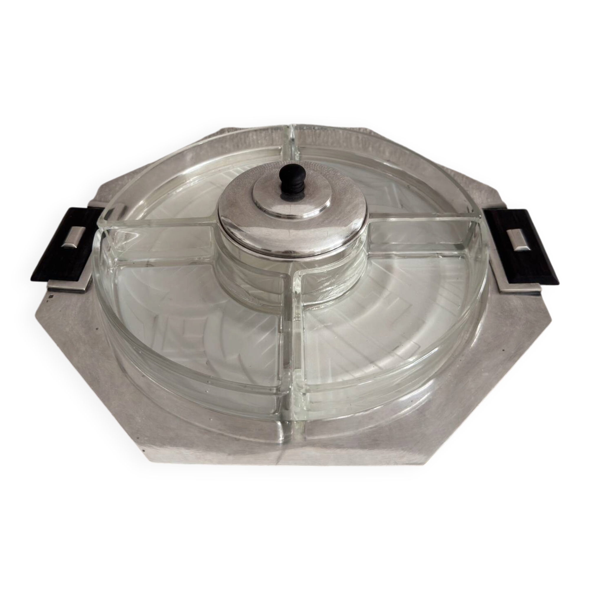 Art Deco silver-plated metal and glass serving platter for appetizers.