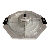 Art Deco silver-plated metal and glass serving platter for appetizers.