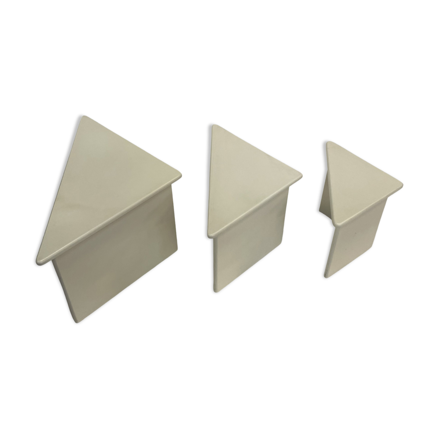 Set of three triangle side tables wood white creme design