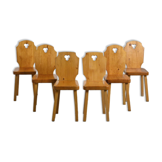 Set of six mountain-style wooden chairs, France, 1960
