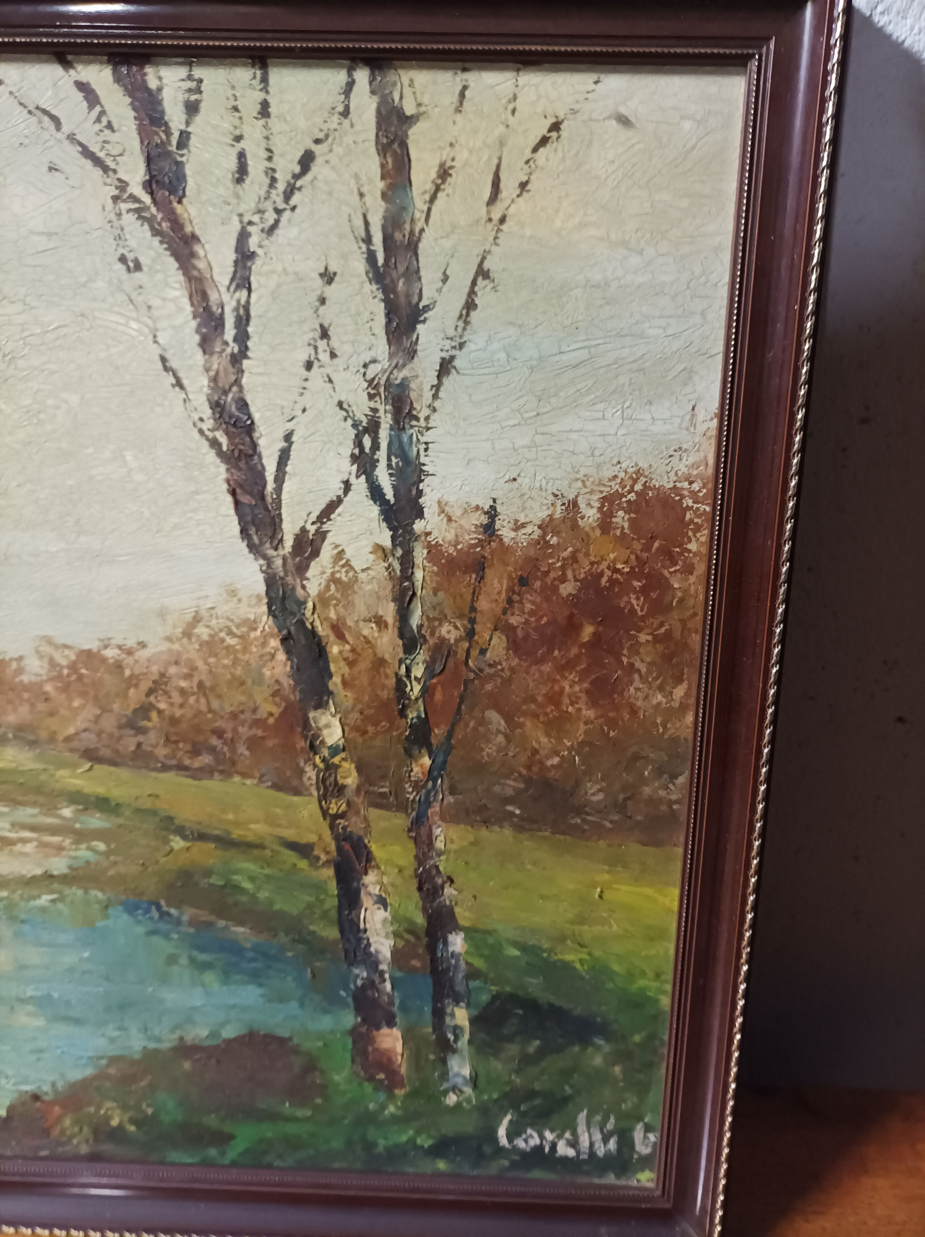 Autumn landscape house on the edge of a pond Oil on panel signed Corelli