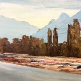 Tableau, huile sur carton « Rivière dans les Alpes »