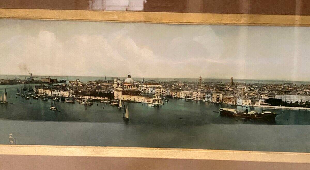Panoramic view of Venice in a 20th century carved walnut frame