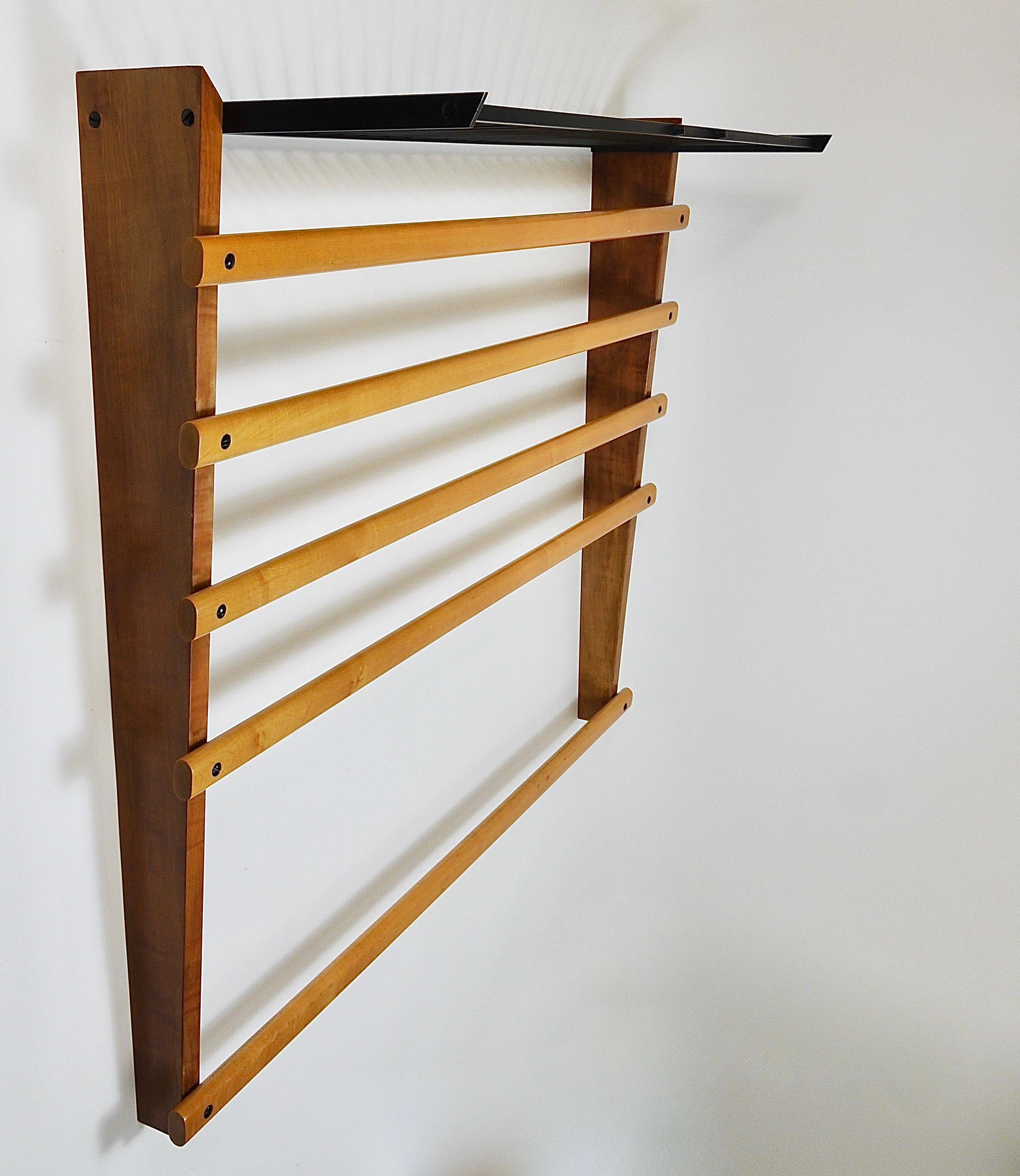 Rare coat rack by Carl Auböck with hat rack, cabinet, brass, walnut and beech, 1950s.