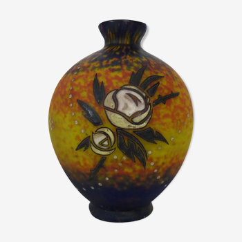 Vase Art Déco de Delatte Nancy en verre marmoréen jaune orangé. Année 30