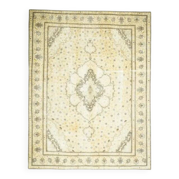 Tapis de zone vintage turc Oushak fait main en laine et coton beige des années 1970 303x390