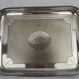 Christofle - plateau fond guilloché frise de perles métal argenté 1900