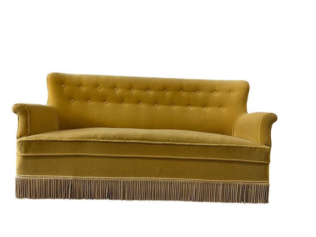 Vintage ochre yellow sofa / three-seater with fringes