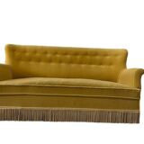 Vintage ochre yellow sofa / three-seater with fringes