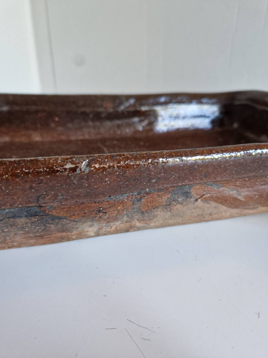 Ancien Plat À Jus Lechefrite 19e Terre Cuite Vernissée Art Populaire