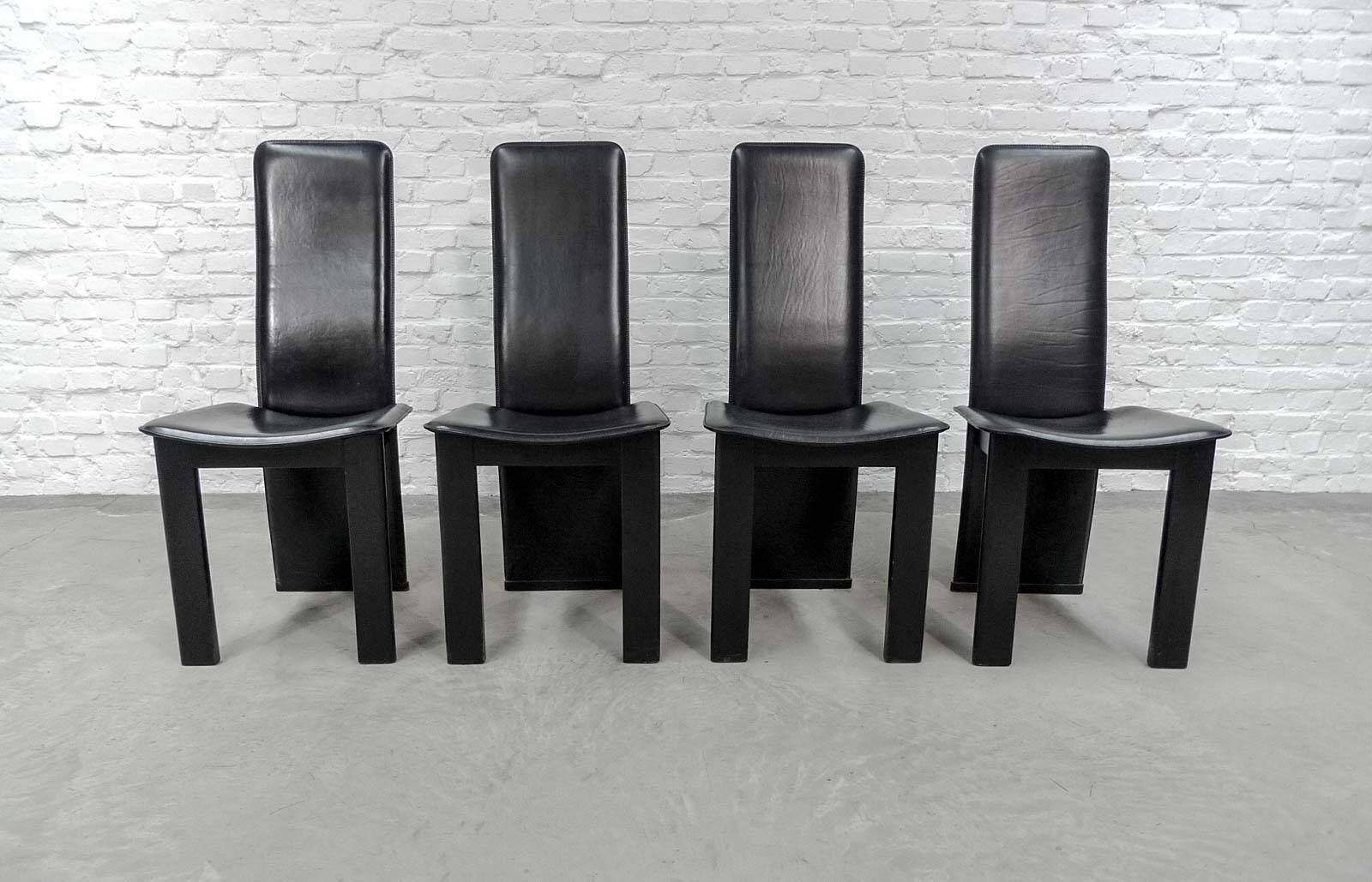 Cidue Style Black Sadle Leather High Back Italian Design Dining Chairs 70s