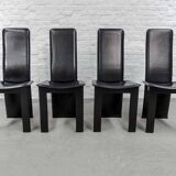 Cidue Style Black Sadle Leather High Back Italian Design Dining Chairs 70s