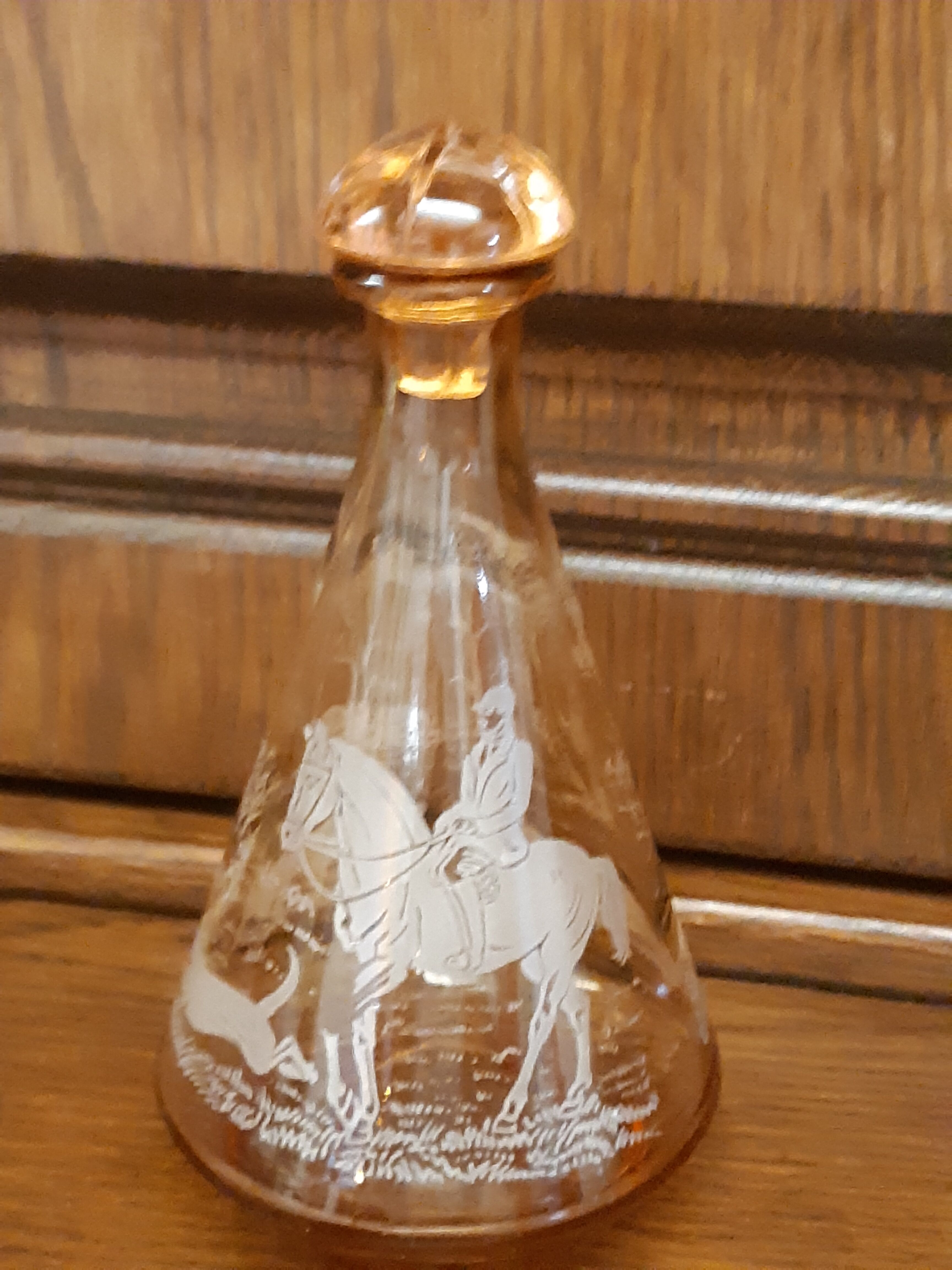 Moulded blown glass decanter with equestrian fox hunting décor, belle époque