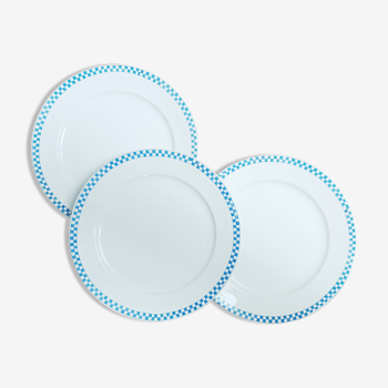 Lot de 3 assiettes à déjeuner à damier bleu, Sarreguemines 19ème