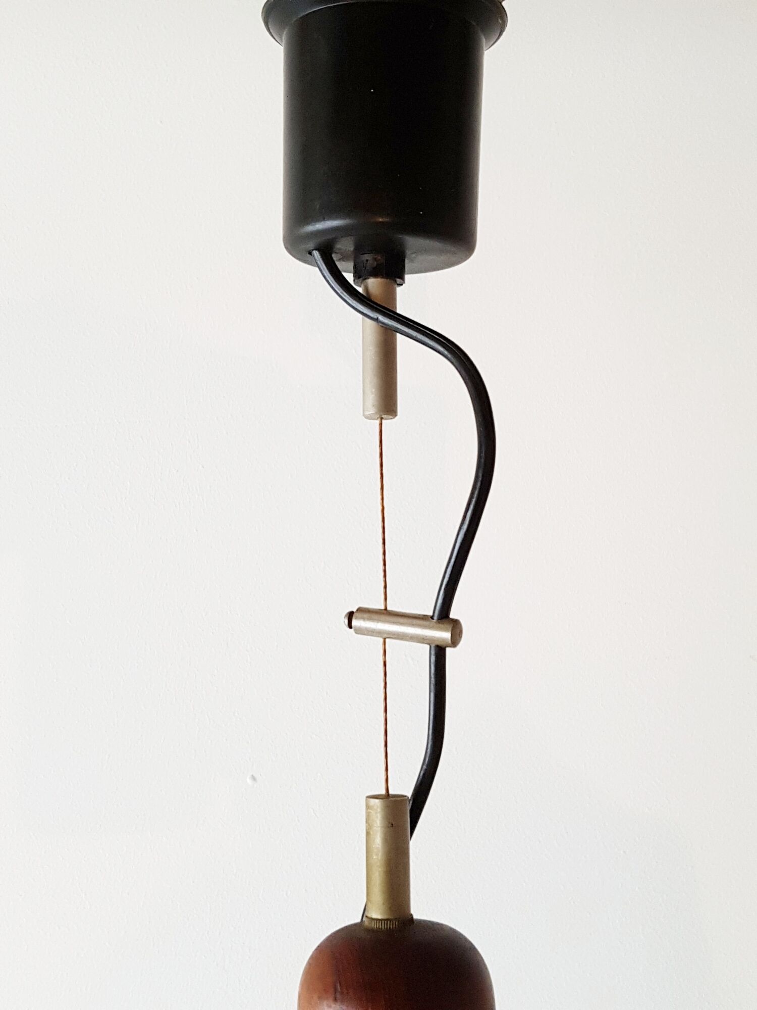 Exceptional luster Scandinavian giant suspension in opaline and teak 1960 vintage 60s Danish light drop