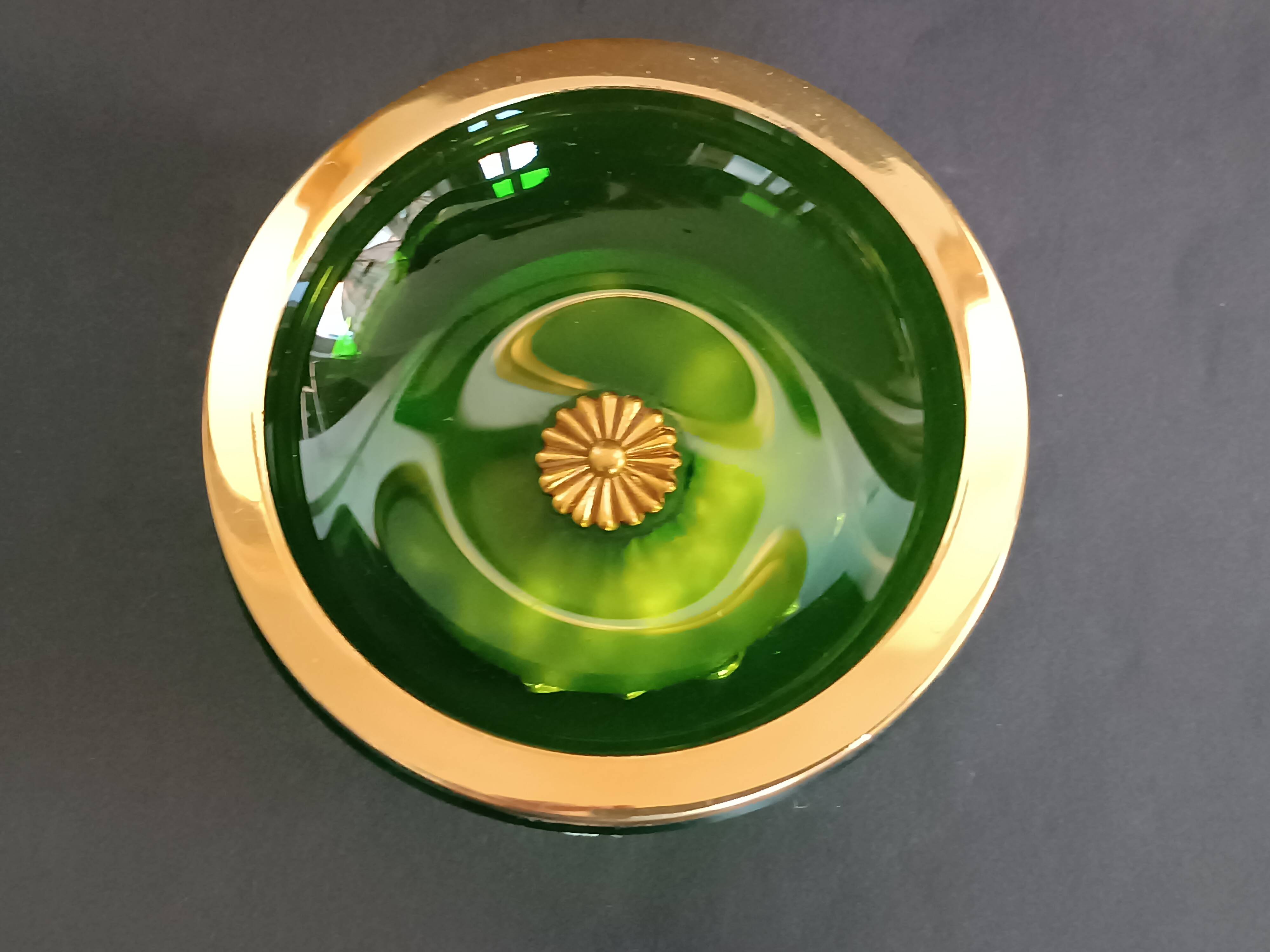 Green crystal and gilt brass bowl by Cristal & Bronze Paris